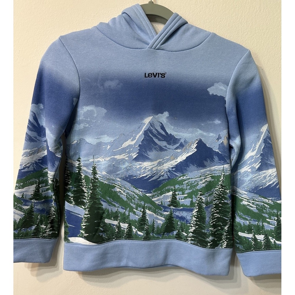 NWT Levi's Boys Medium 8 Placid Blue Mountain Scene Scenic Graphic Fleece Hoodie